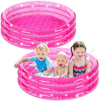 2 Pack Inflatable Kiddie Pool for Kids 47 Inch Round 3 Rings Plastic Blow up Pool with Silver Glitter Cushioned Bottom Small Toddler for Backyard Garden,Pink