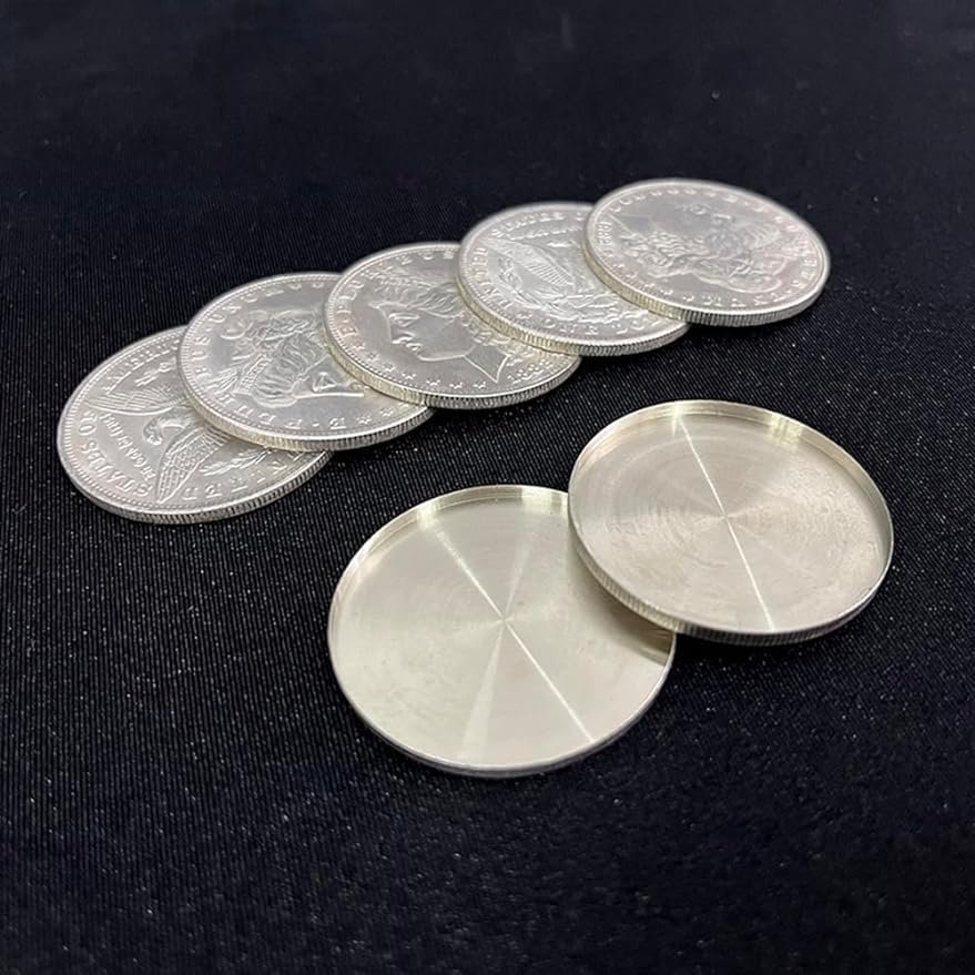 blue-ther Cupronickel Morgan Dollar Shell and Coin Set (5 Coins +1 Head Shell +1 Tail Shell) Magic Tricks Close up Gimmick Props for Professional Magicians