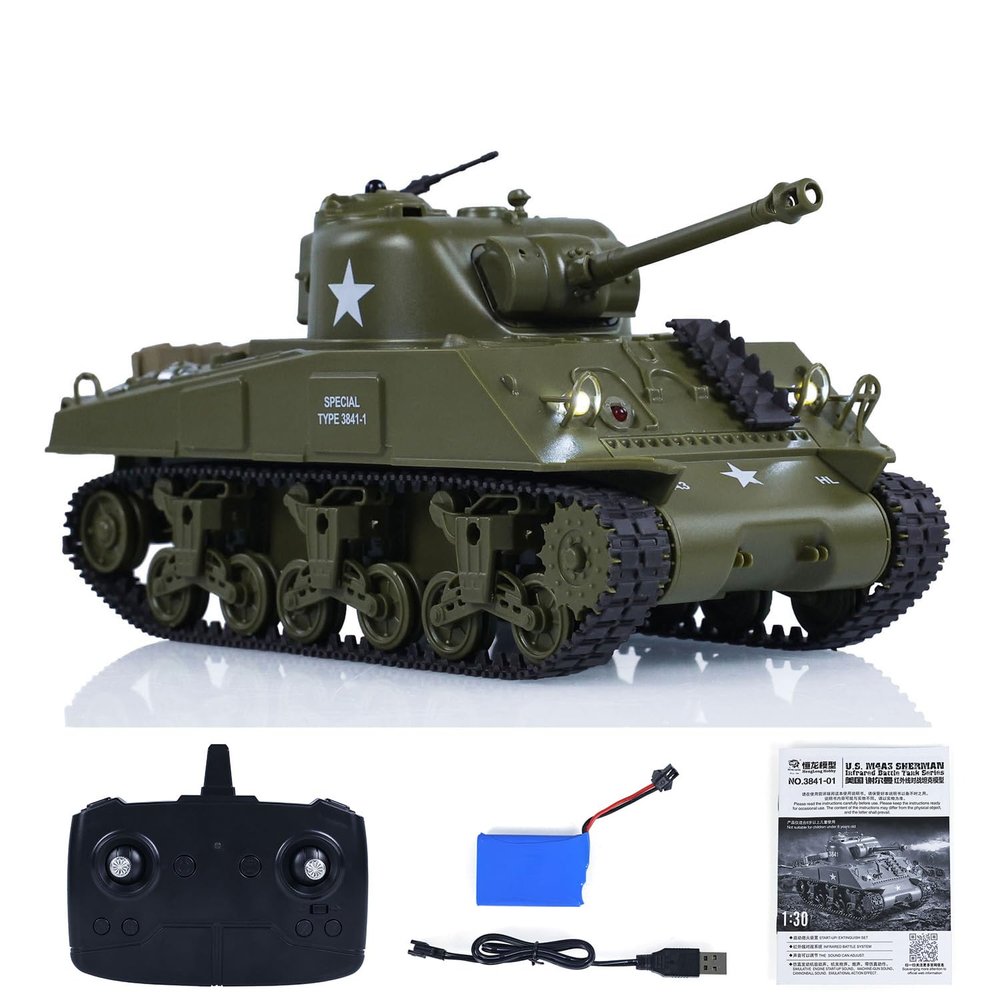 wheelfun Henglong 1/30 RC Battle Tank Sherman M4A3 3841-01 2.4G Remote Control Tanks 320Rotating Turret Infrared Combat