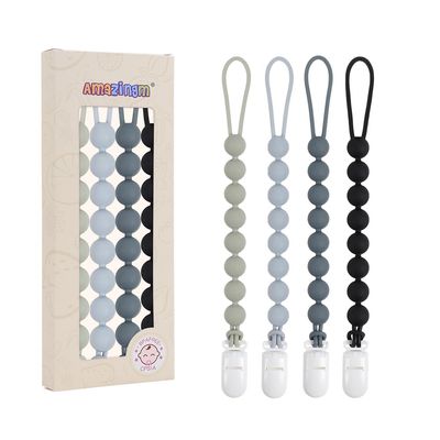 4 Pcs Gray Baby Silicone Teething Pacifier Clip,One-Piece Design,Round Shape,Smooth Surface,BPA Free.