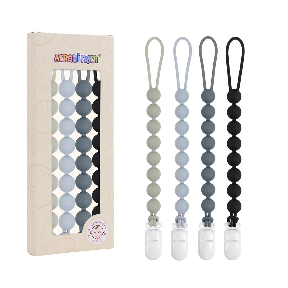 4 Pcs Gray Baby Silicone Teething Pacifier Clip,One-Piece Design,Round Shape,Smooth Surface,BPA Free.