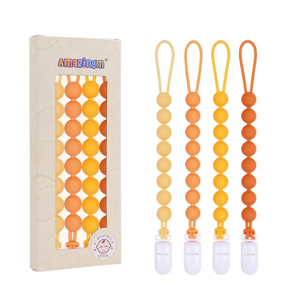 4 Pcs Yellow Baby Silicone Teething Pacifier Clip,One-Piece Design,Round Shape,Smooth Surface,BPA Free.