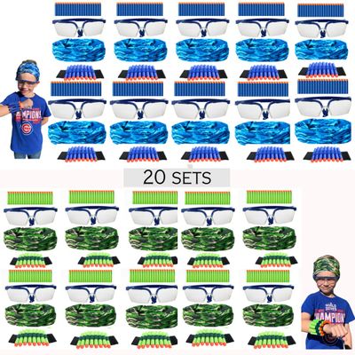 wishery Accessories for Nerf Party Supplies -20 Sets. Kids Birthday Favors Bulk Pack with Darts, Glasses, Masks, and Wristbands for Boys Birthday Parties and Nerf War Teams
