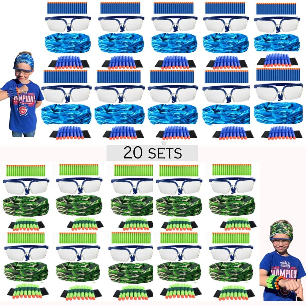 wishery Accessories for Nerf Party Supplies -20 Sets. Kids Birthday Favors Bulk Pack with Darts, Glasses, Masks, and Wristbands for Boys Birthday Parties and Nerf War Teams