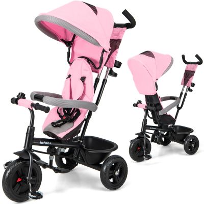 INFANS Kids Tricycle, 6 in 1 Baby Trike Toddler Bike with Reversible Seat, Adjustable Push Handle, Control Direction, Removable Canopy, Safety Harness, Belt, Storage, 9-60 Months (Pink)