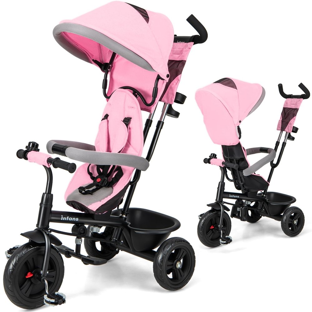INFANS Kids Tricycle, 6 in 1 Baby Trike Toddler Bike with Reversible Seat, Adjustable Push Handle, Control Direction, Removable Canopy, Safety Harness, Belt, Storage, 9-60 Months (Pink)