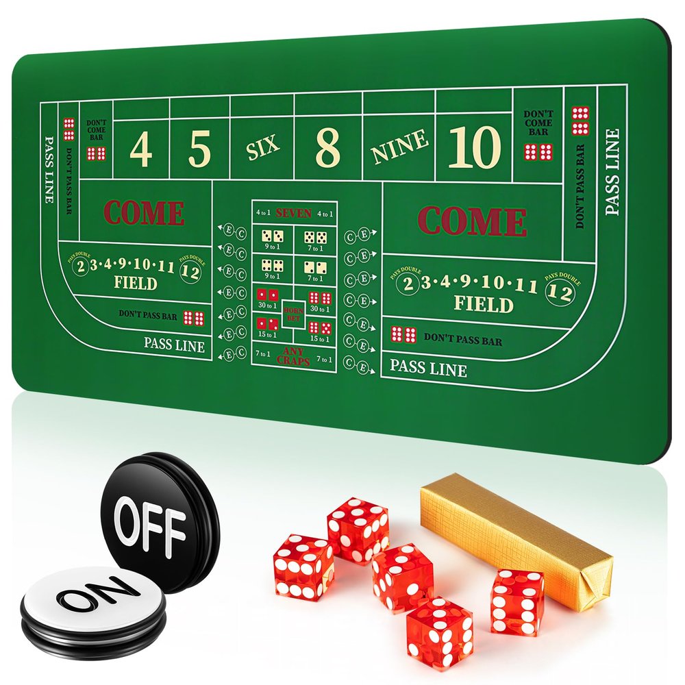 Leyndo Craps Tabletop Game Set, Includes 35"x70" Rubber Craps Tabletop Layout Mat, Casino Grade AAA 19mm Dice, 3 Inch On/Off Buttons for Casino Poker Nights Adults Only(Red)