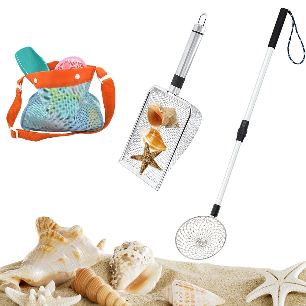 Hokoad 3Pcs Shelling Tools for Beach Include Beach Mesh Shovel, Sand Sifter with Extra Long Adjustable Handle and Mesh Beach Bag, Collecting Shells Beach Toys or Kids Girls Boys(3Pcs)