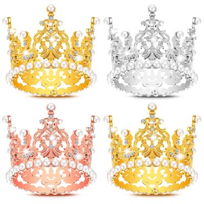 LEIFIDE 4 Pcs Mini Crown Gold Cake Topper Tiny Tiara Cake Decoration for Wedding Pearl Crystal Vintage Queen Crown for Women Lady Girl Wedding Royal Themed Baby Shower Decor (Gold, Silver, Rose Gold)