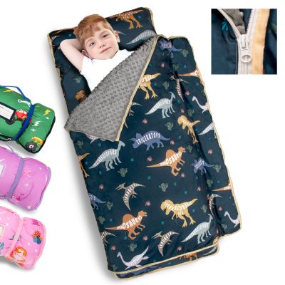 Primlect Toddler Nap Mat Extra Large Thickened 55''x35'', Soft Sleeping Bag with Detachable Minky Blanket and Pillow, Portable for Daycare, Preschool, Kindergarten, Travel, Boys and Girls (Dinosuar)