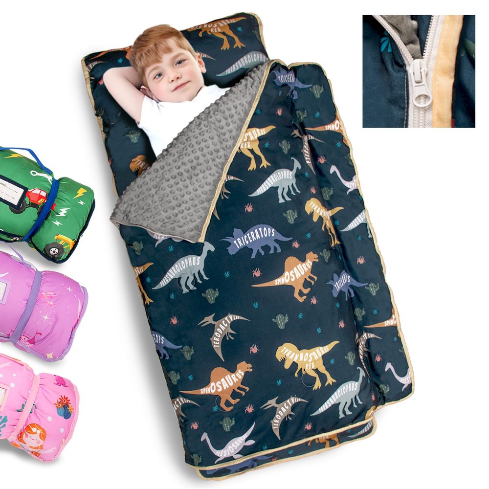 Primlect Toddler Nap Mat Extra Large Thickened 55''x35'', Soft Sleeping Bag with Detachable Minky Blanket and Pillow, Portable for Daycare, Preschool, Kindergarten, Travel, Boys and Girls (Dinosuar)
