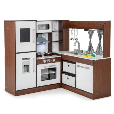 Costzon Kids Kitchen Playset, Toddler Pretend Toy Cooking Set w/Real Lights & Sounds, Sink & Faucet, Ice Maker, Microwave, Oven, 18 Cooking Accessories, Corner Play Kitchen for Kids Ages 3+ (Coffee)