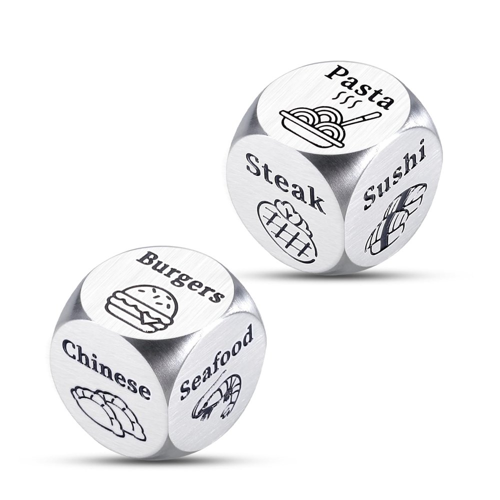 2PCS Date Night Food Dice 6 Year Iron 11 Year Anniversary Steel Gifts for Couples Qwixx Dice Game Wedding Engagement Gifts for Boyfriend Girlfriend Stocking Stuffers for Husband Wife