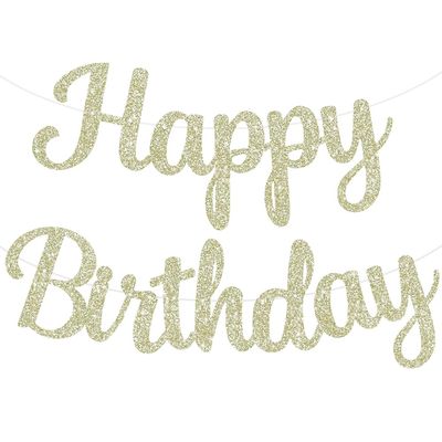 BEISHIDA Light Gold Happy Birthday Banner - 10Feet, Pre-Strung Glitter Sign, Backdrop & Decorations