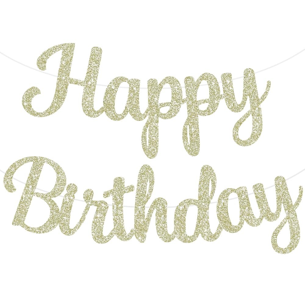 BEISHIDA Light Gold Happy Birthday Banner - 10Feet, Pre-Strung Glitter Sign, Backdrop & Decorations