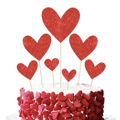 Rsstarxi 35 Pack Double Sided Glitter Red Heart Cake Toppers Valentine's Day Cupcake Toppers Sweet Love Heart Cupcake Picks for Wedding Engagement Party Cake Decorations