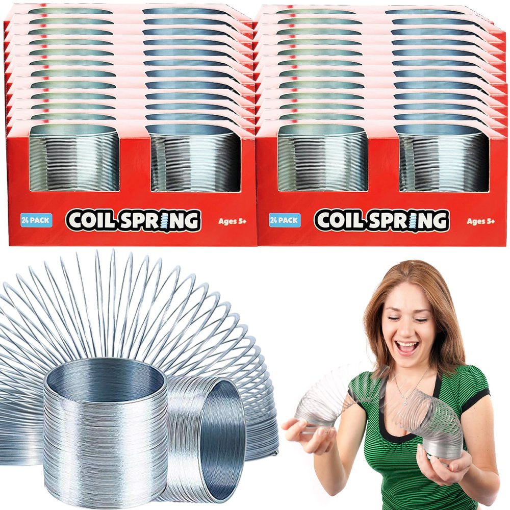 The Dreidel Company Silver Metal Coil Spring, Goody Bag Fillers, Party Favor for Kids, Variety of 2.4" (60mm) Individually Boxed (24-Pack)
