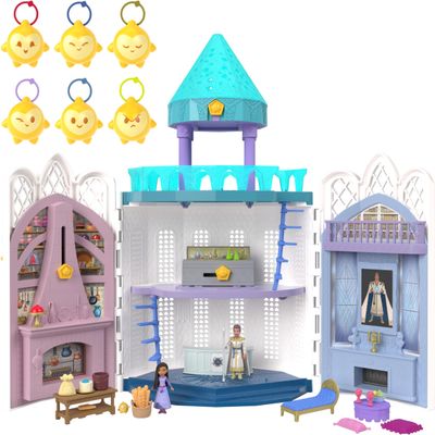 Mattel Disney Wish Rosas Castle Dollhouse Playset with 2 Posable Mini Dolls + Mattel Disney Wish Mini Doll Surprise, Keychain Compact (Styles May Vary)