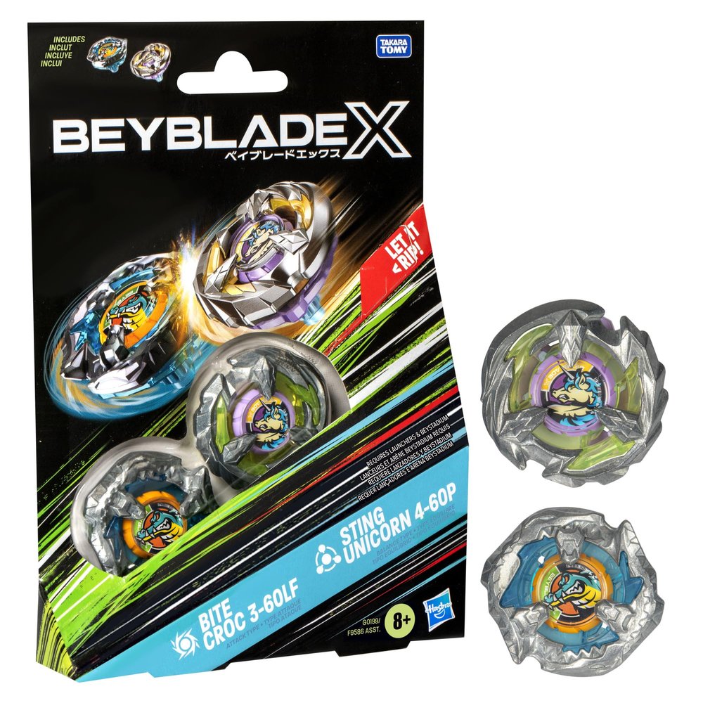 Beyblade X Bite Croc 3-60LF and Sting Unicorn 4-60P Dual Pack Set with 2 Right-Spinning Tops; Battling Top Toys for 8 Year Old Boys and Girls