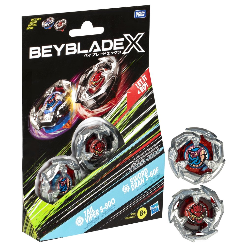 Beyblade X Tail Viper 5-80O and Sword Dran 3-60F Dual Pack Set with 2 Right-Spinning Tops; Battling Top Toys for 8 Year Old Boys and Girls