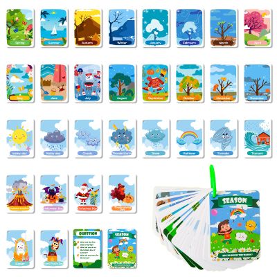 34 Season Flashcards,Waterproof Month Education Flash Cards, Weather Educational Card for Classroom, ESL Teaching, Speech Therapy & Home Decor, Double-Sided Festivals Toy Cards