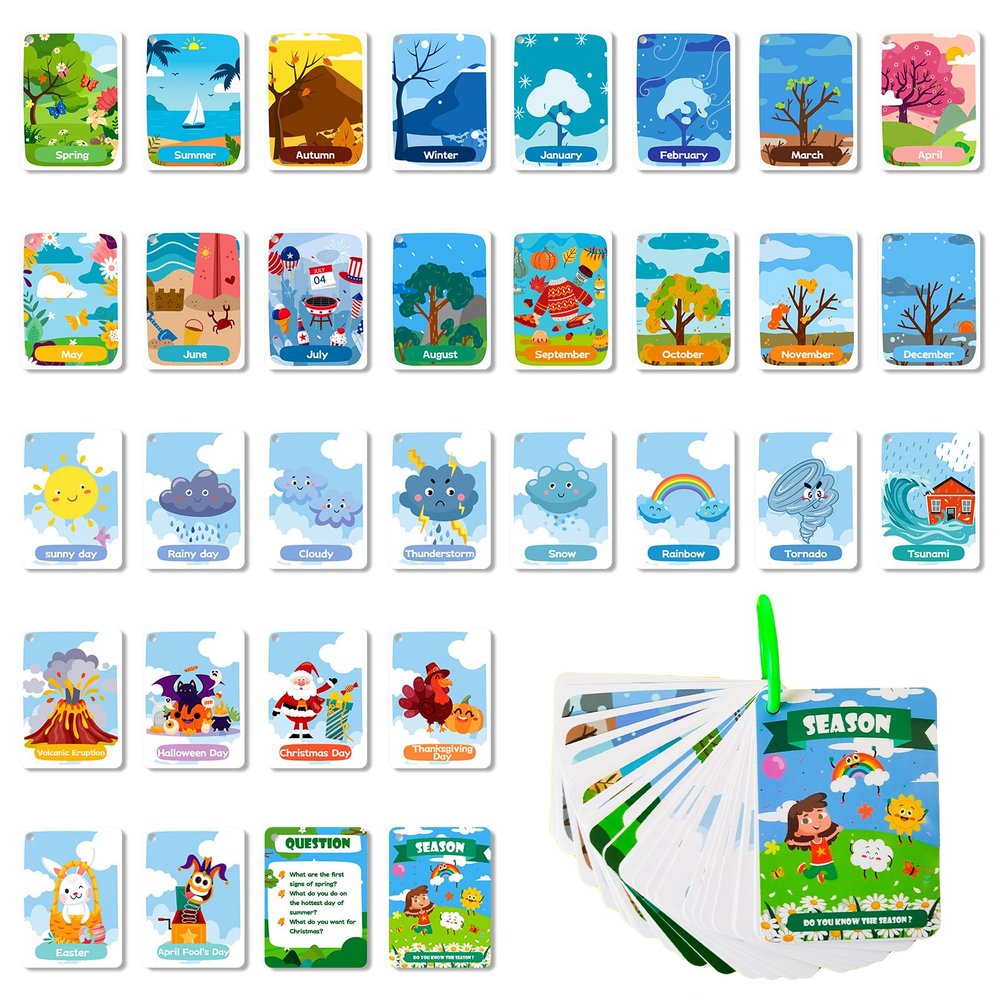 34 Season Flashcards,Waterproof Month Education Flash Cards, Weather Educational Card for Classroom, ESL Teaching, Speech Therapy & Home Decor, Double-Sided Festivals Toy Cards