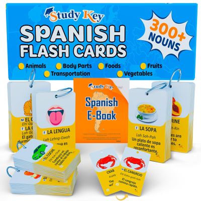 300 Spanish Vocabulary Flashcards | Double Sided Bilingual Flashcards for Adults & Kids Ages 12+ | Portable Noun Flash Cards to Learn Spanish for Adult Beginners with workbooks for Adults