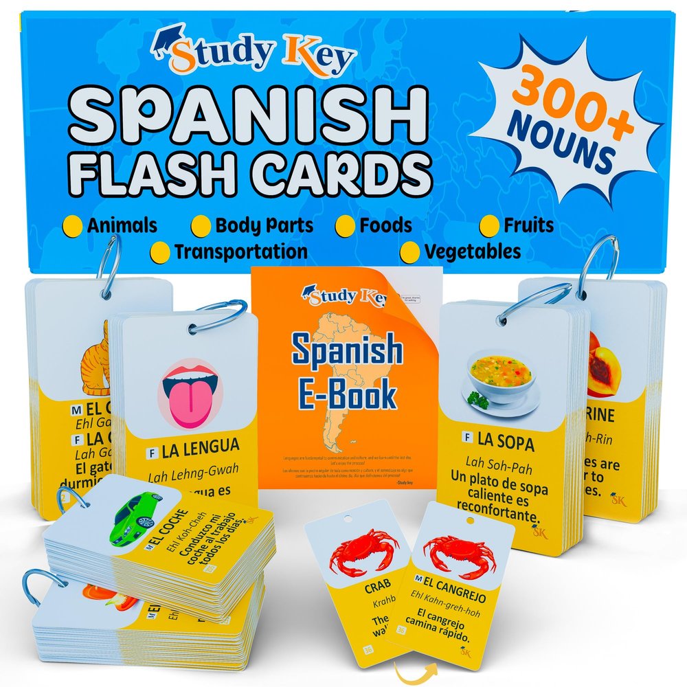 300 Spanish Vocabulary Flashcards | Double Sided Bilingual Flashcards for Adults & Kids Ages 12+ | Portable Noun Flash Cards to Learn Spanish for Adult Beginners with workbooks for Adults