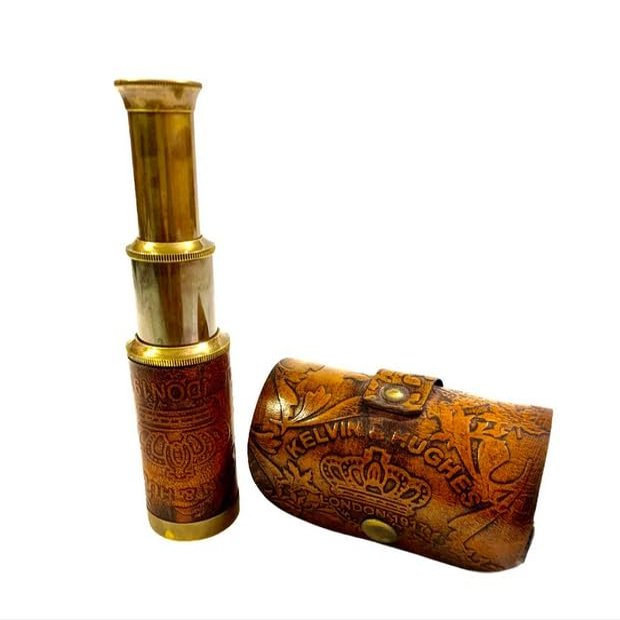 6" Engraved Leather Brass Pocket Telescope, Nautical Pirate Spyglass Scope, Home Decor Gift