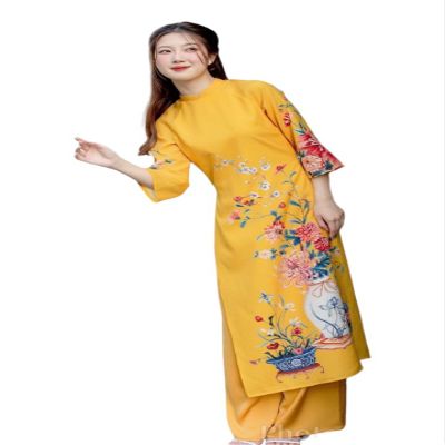 A43 Yellow vase of flowers Ao dai No pants Vietnamese Traditional Ao Dai For Women, Ao Dai For Women, Vietnamese Dress For Women, Ao Dai Dress For Women ao dai Tet Lunar New Year (2XL)