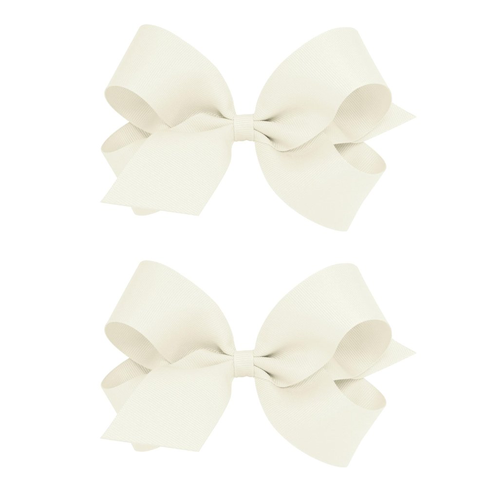 Wee Ones Girls 2 Pack Grosgrain Hair Bows with Plain Wrap Centre on a Wee Stay No Slip Clip, Large, Antique White