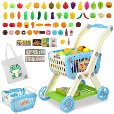 Kids Shopping Cart - 2 in 1 Toy Shopping Cart with Play Food Fruit Vegetable Dessert and Shop Accessories, 72pcs Pretend Play Grocery Store Toy Kitchen Game Trolley Play Set for Kids (Blue)