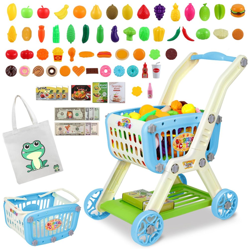 Kids Shopping Cart - 2 in 1 Toy Shopping Cart with Play Food Fruit Vegetable Dessert and Shop Accessories, 72pcs Pretend Play Grocery Store Toy Kitchen Game Trolley Play Set for Kids (Blue)