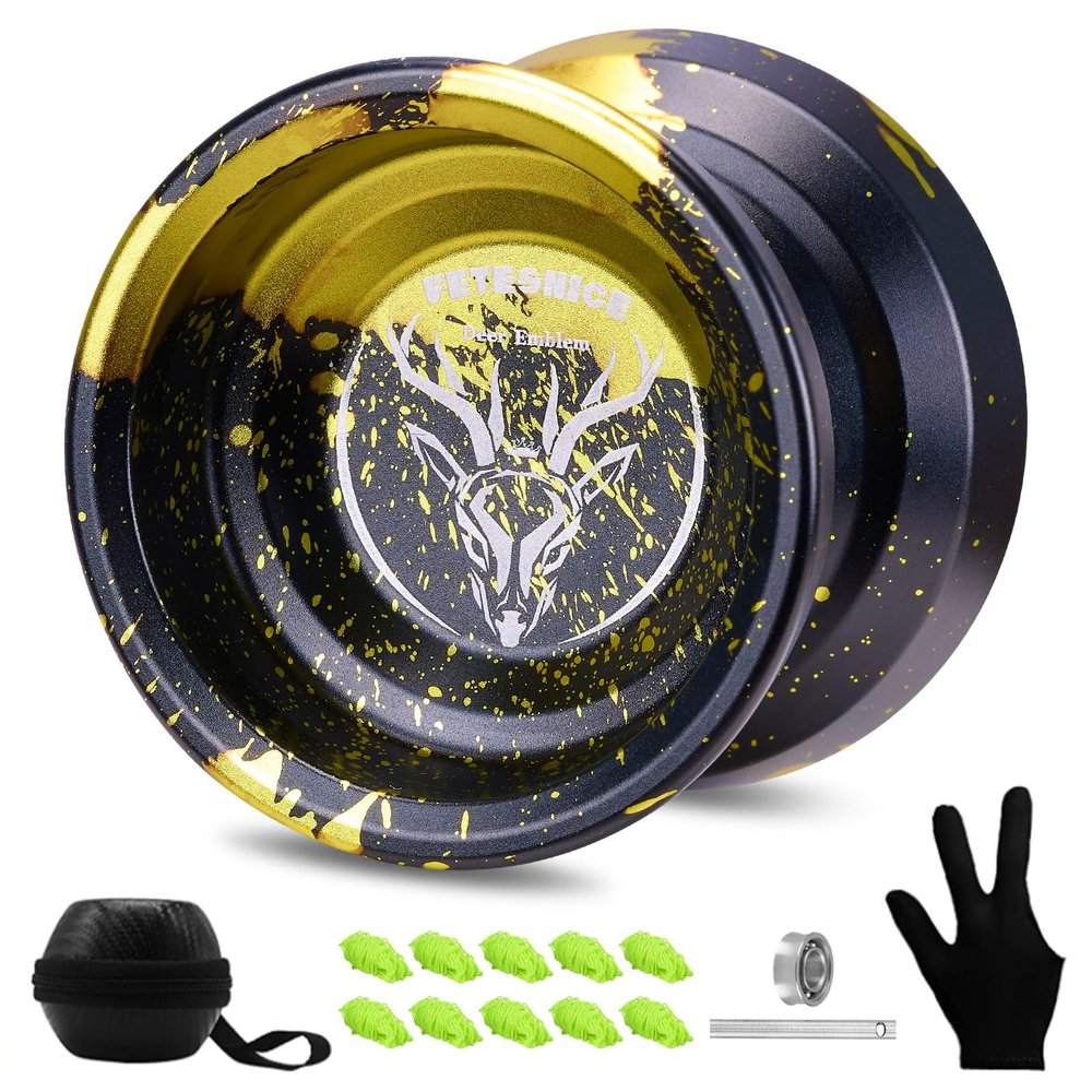 FETESNICE LY10 Yoyo Professional Responsive Yoyo, Dual Purpose Metal Yo-yos for Kids 8-12 Beginner, Unresponsive Yo yo Bearing for Adults with Removal Bearing Tool, 10 Strings (Black-Yellow)