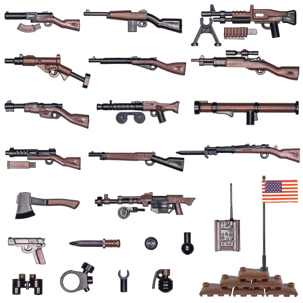 MaozyHomie 36 Pcs Weapons Pack Military U.S Field Force Weapons Toy Set - Brown Weapons Accessories Weapon Battle Building Blocks Compatible with Major Brand, 3 Years Old and up