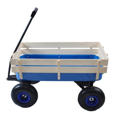 Outdoor Sport Wagon All Terrain Pulling Kids' Pull-Along Wagons w/Wood Railing Air Tires Big Foot Panel Wagon w/Removable Wooden Side Panels Weight Capacity 176 LBS Sturdy Steel Wagon Bed (Blue)