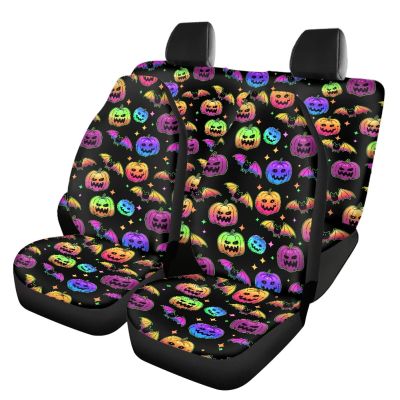 PinUp Angel Black Colorful Bat Pumpkin Print Full Car Seat Covers for Front and Rear Seats, Cute Cartoon Skull Patterned Interior Seat Covers for Auto Truck Van SUV for Halloween Party