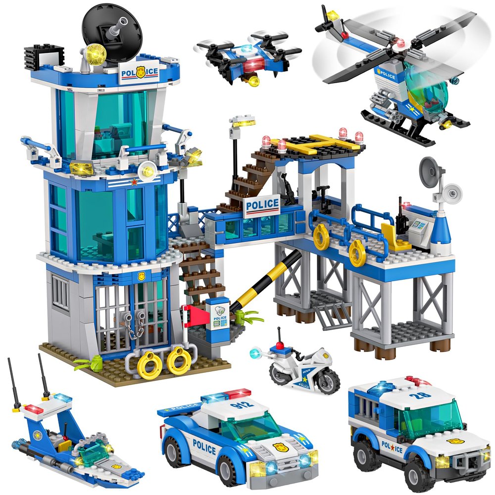 982Pcs City Police Station Building Toy Set - 6-in-1 Emergency Rescue Center with Police Car, Boat, Helicopter & Motorcycle - STEM Police Playset Gift for Kids, Boys Girls Ages 6-12