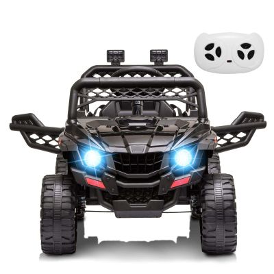 12V Kids Ride On Car Truck Parent Remote Control, Spring Suspension, LED Lights, Open Doors, Safety Belt, AUX Port, Music Black Power Wheels Vehicle for Boys Girls
