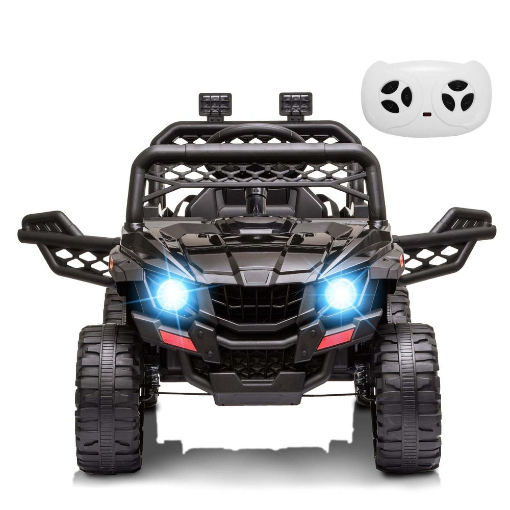 12V Kids Ride On Car Truck Parent Remote Control, Spring Suspension, LED Lights, Open Doors, Safety Belt, AUX Port, Music Black Power Wheels Vehicle for Boys Girls