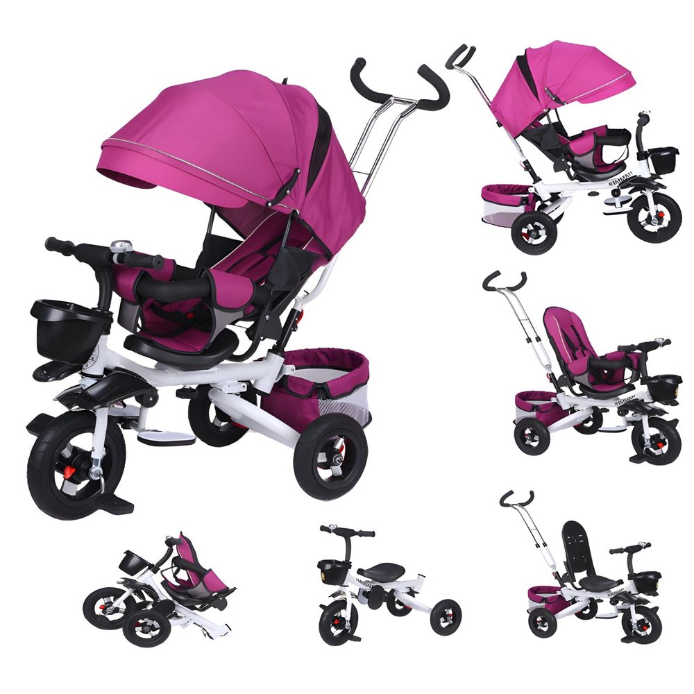 5-in-1 Tricycle Stroller for Toddlers 18 Months to 5 Years, Adjustable Push Handle, Rotatable Seat,Retractable Canopy,Folding Baby Tricycle,w/Detachable Guardrail, Footrest,Purple