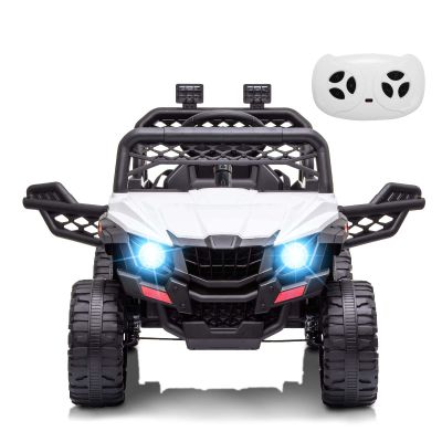 12V Kids Ride On Car Truck Parent Remote Control, Spring Suspension, LED Lights, Open Doors, Safety Belt, AUX Port, Music White Power Wheels Vehicle for Boys Girls