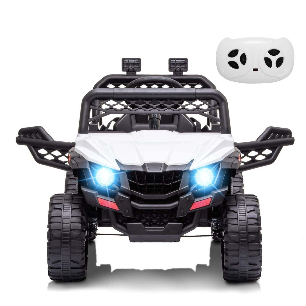 12V Kids Ride On Car Truck Parent Remote Control, Spring Suspension, LED Lights, Open Doors, Safety Belt, AUX Port, Music White Power Wheels Vehicle for Boys Girls