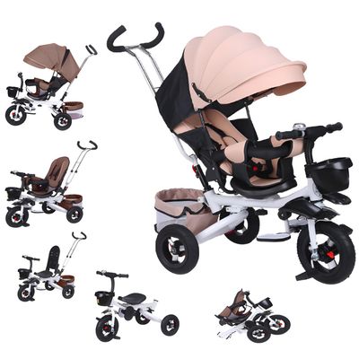 Kids Tricycle,5-in-1 Tricycle Stroller for Toddlers 18 Months to 5 Years,Adjustable Push Handle, Rotatable Seat, Retractable Canopy,Detachable Guardrail,Folding Baby Trike,Khaki