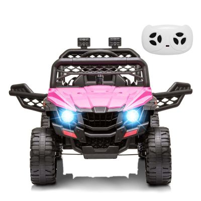 12V Kids Ride On Car Truck Parent Remote Control, Spring Suspension, LED Lights, Open Doors, Safety Belt, AUX Port, Music Pink Power Wheels Vehicle for Boys Girls