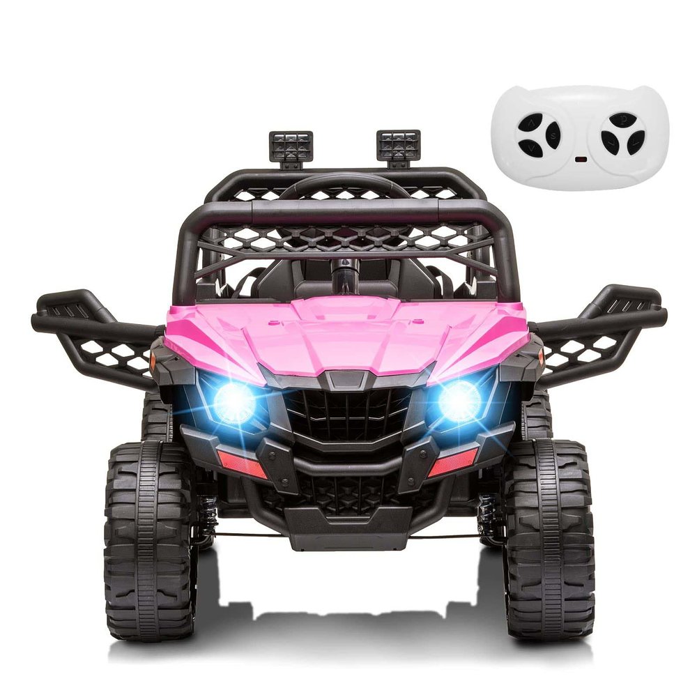 12V Kids Ride On Car Truck Parent Remote Control, Spring Suspension, LED Lights, Open Doors, Safety Belt, AUX Port, Music Pink Power Wheels Vehicle for Boys Girls