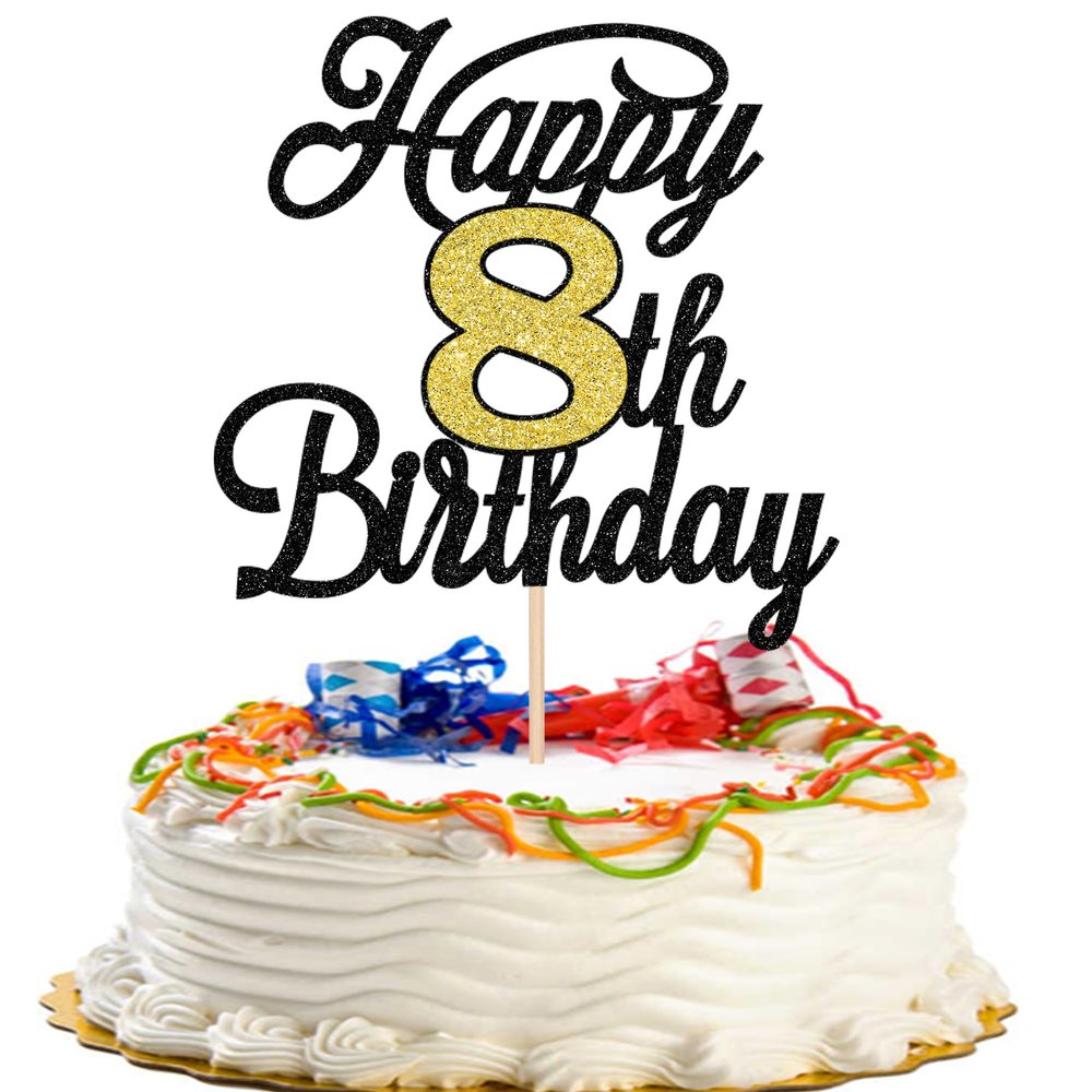 Rsstarxi 1 Pack Happy 8th Birthday Cake Topper Glitter 8 Fabulous Cake Decoration Hello 8 Cheers to 8 Years Birthday Cake Pick for Happy 8th Birthday Anniversary Party Decorations Black Gold
