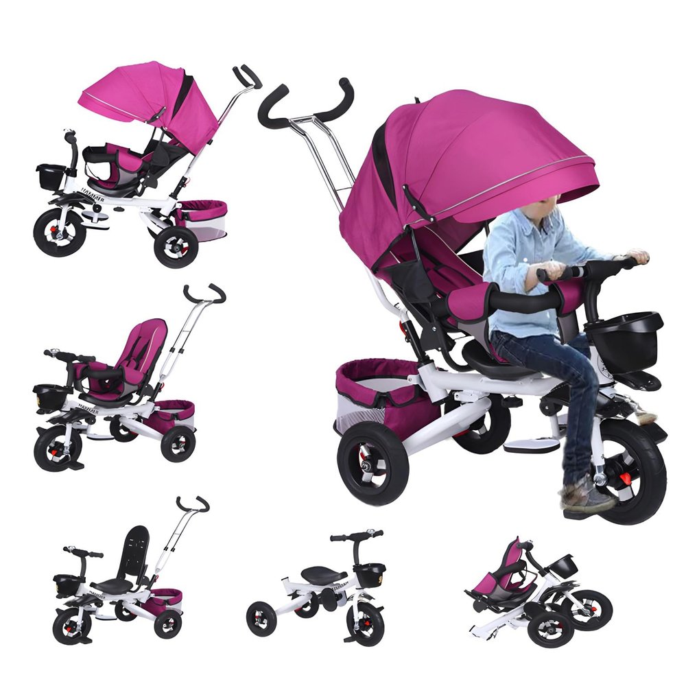 Kids Tricycle,5-in-1 Tricycle Stroller for Toddlers 18 Months to 5 Years,Adjustable Push Handle, Rotatable Seat, Retractable Canopy,Detachable Guardrail,Folding Baby Trike,Purple