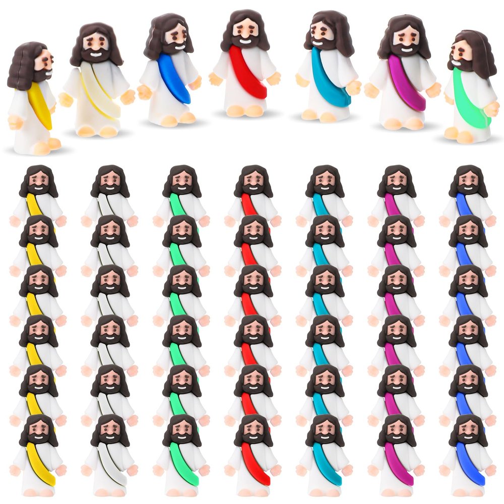 Sumind 50 Pcs Little Jesus Figures Christmas Mini Pocket Jesus Figurines Bulk Original Design for Xmas Hide and Seek Religious Party Favors Sunday School Baptism Gifts(Bright Color)