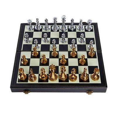 Chess Set Metal Set Wooden Travel Chess Set with Leather or Wood Chess Board and Storage Gift Decor Board Game (Color : Wood) (Leather)